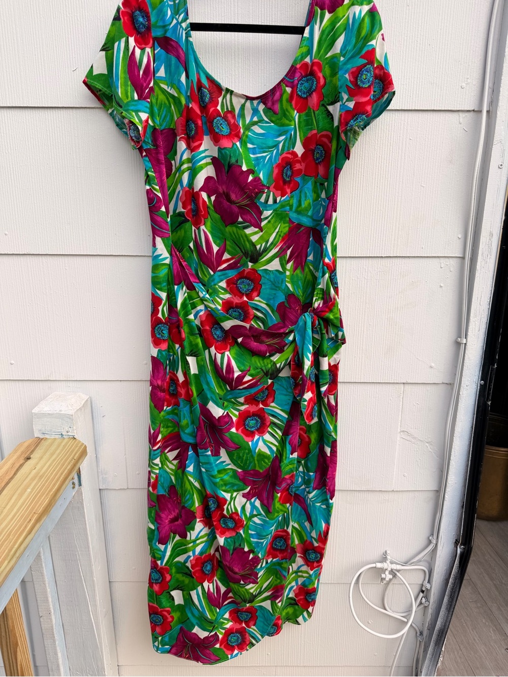 1990s Vintage Robbie Bee Green Magenta & Teal Floral Maxi Hawaiian Style Dress